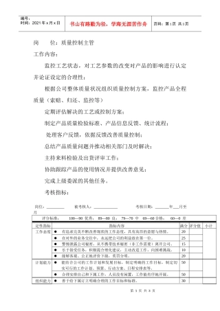 岗位工作内容和年度定性考核指-质量控制主管