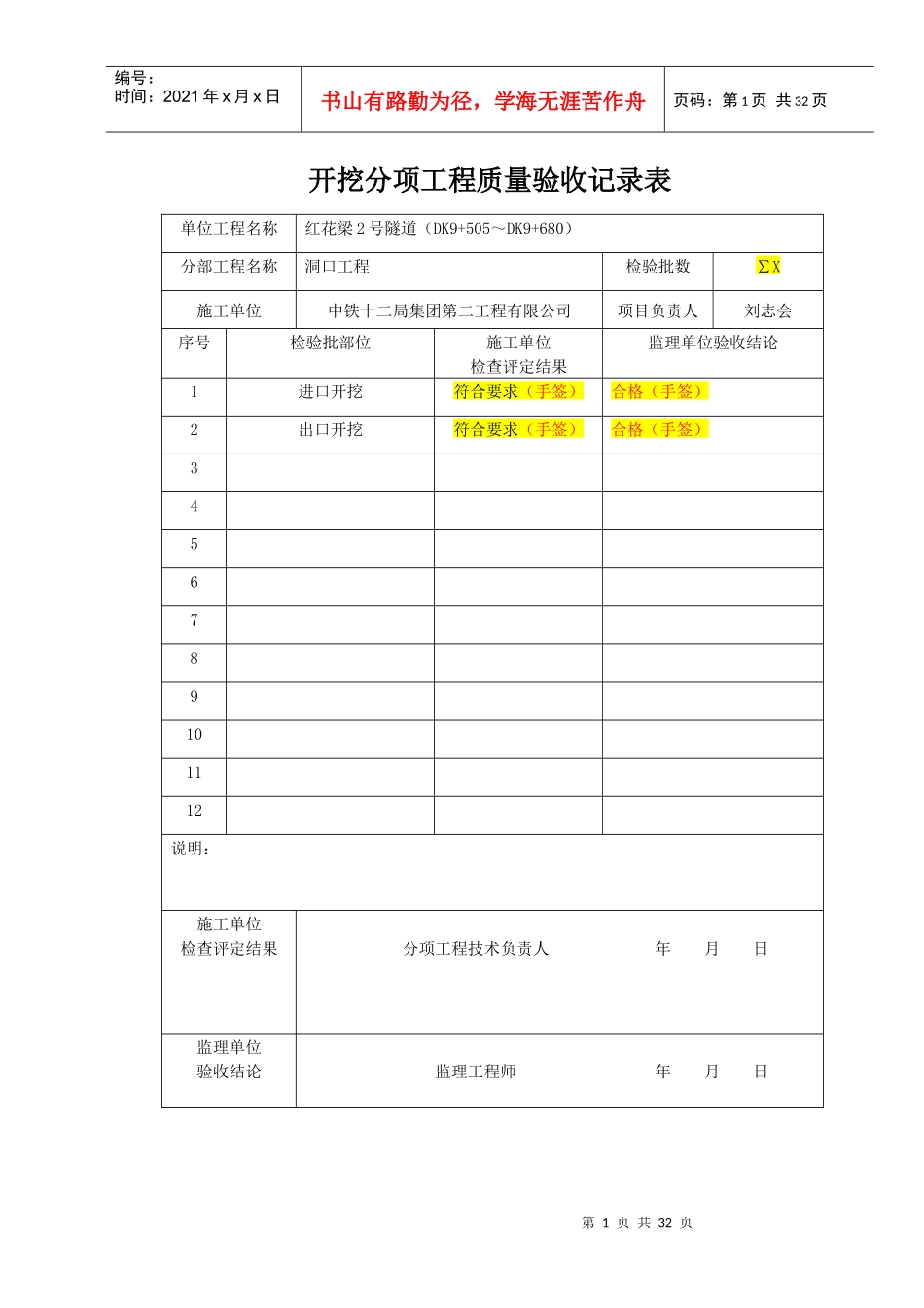 隧道分项工程质量验收记录表_第1页