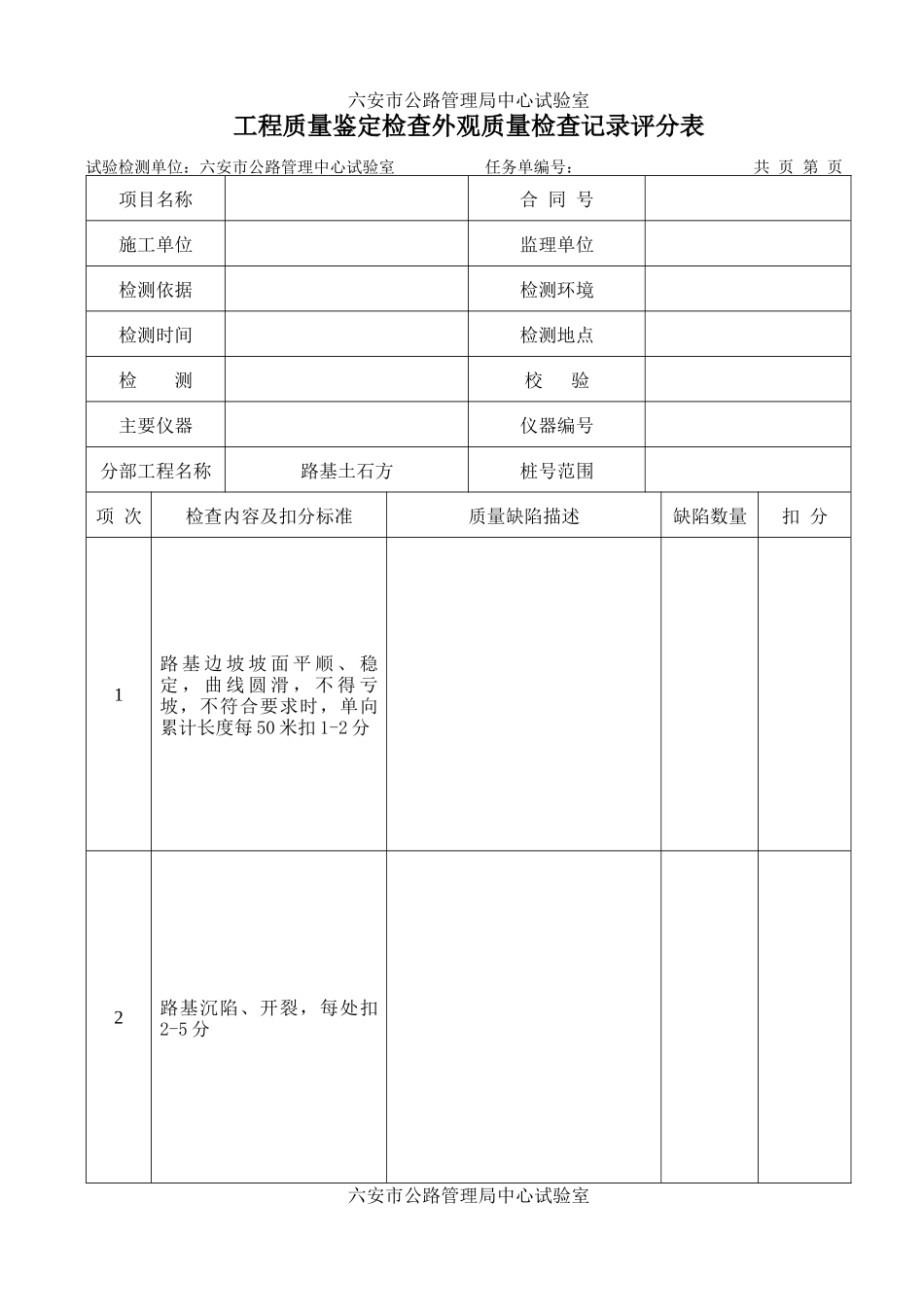 工程质量鉴定检查外观质量检查记录评分表_第1页