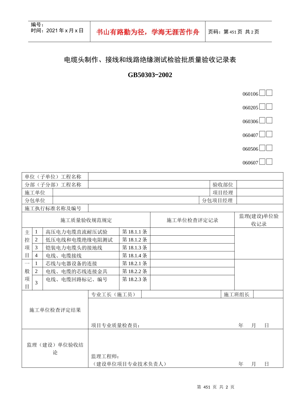 电缆头制作、接线和线路绝缘测试检验批质量验收记录表06_第1页