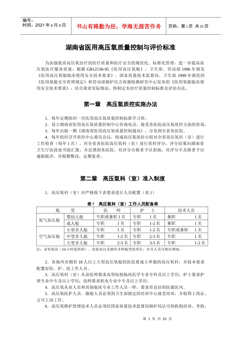 湖南省医用高压氧质量控制与评价标准-湖南省医学高压氧氧质_第1页