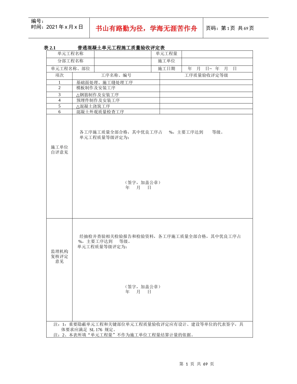 混凝土工程质量评定表格_第1页