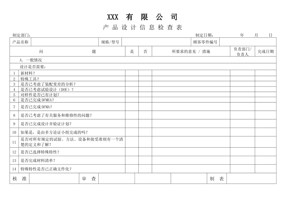 APQP产品设计信息检查表_第1页