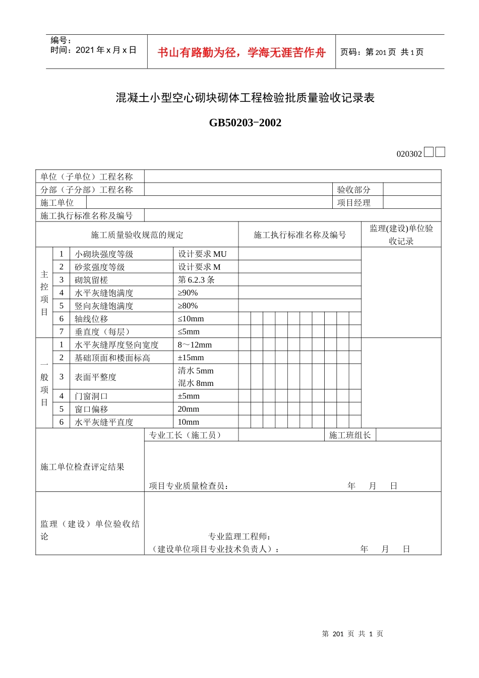 混凝土小型空心砌块砌体工程检验批质量验收记录表_第1页