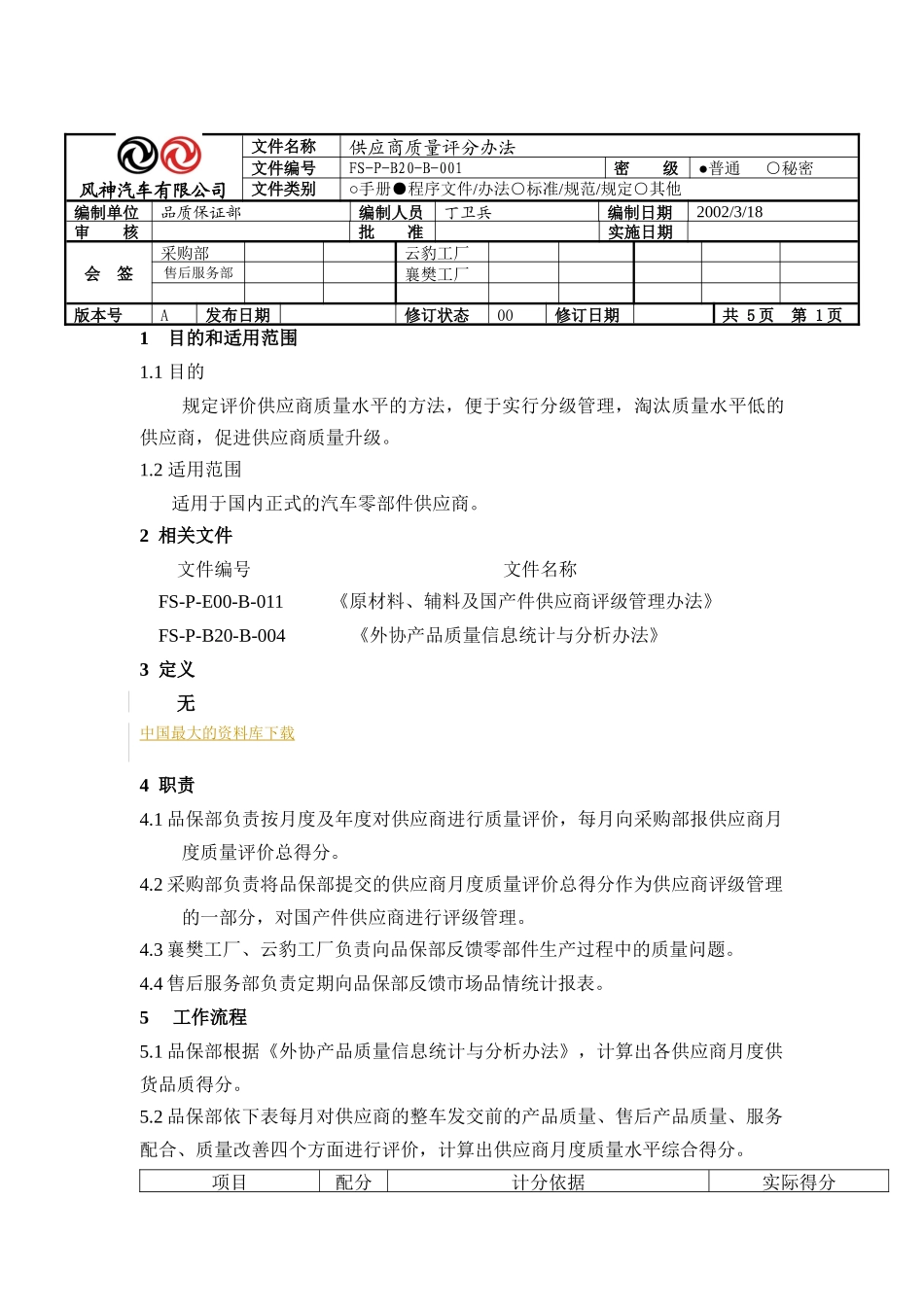 ××汽车有限公司供应商质量评分办法(doc 5)_第1页