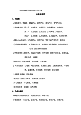 医院各科常用药物临床信息及药品分类