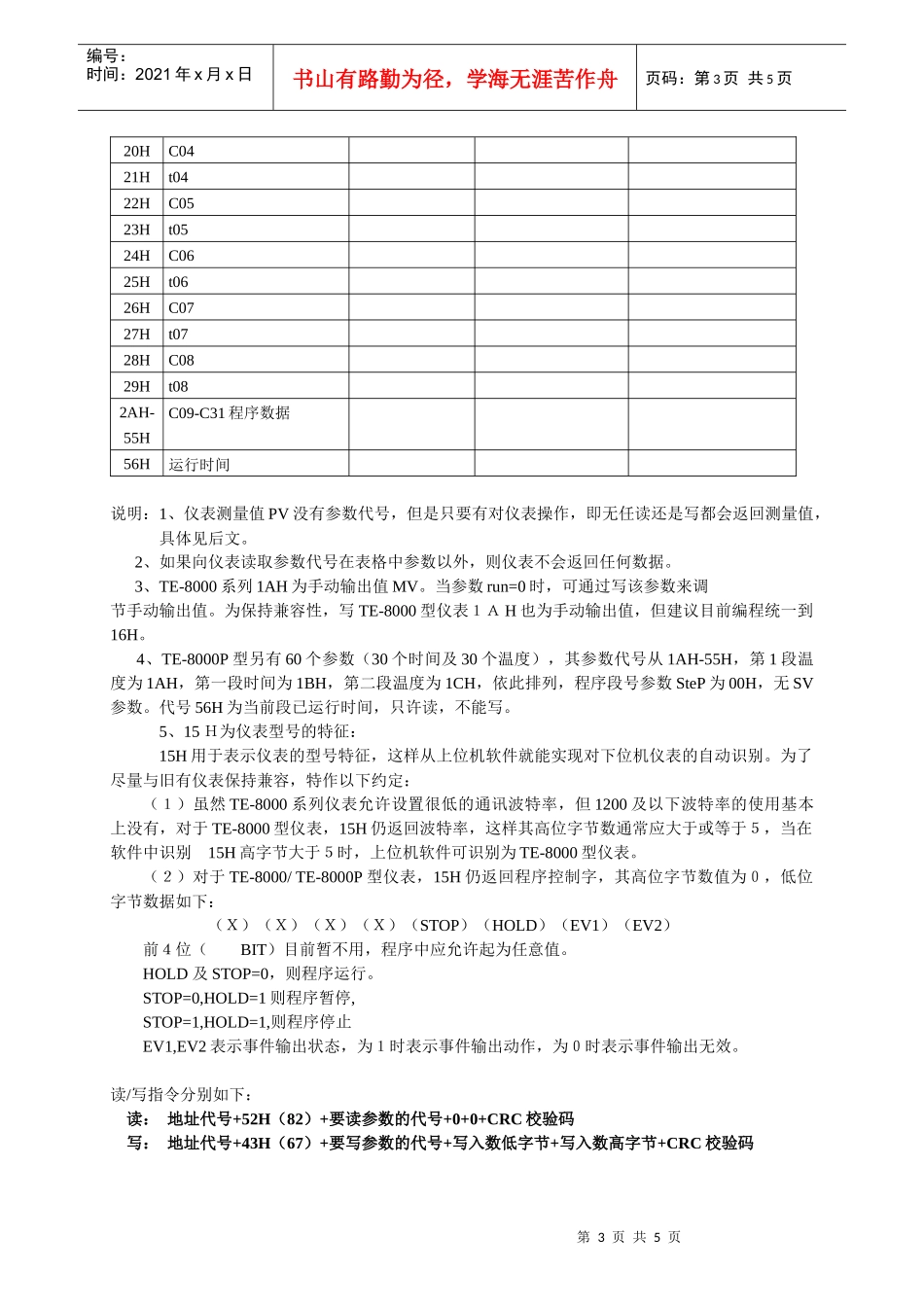 TE-8000型人工智能数字调节仪通讯协议_第3页