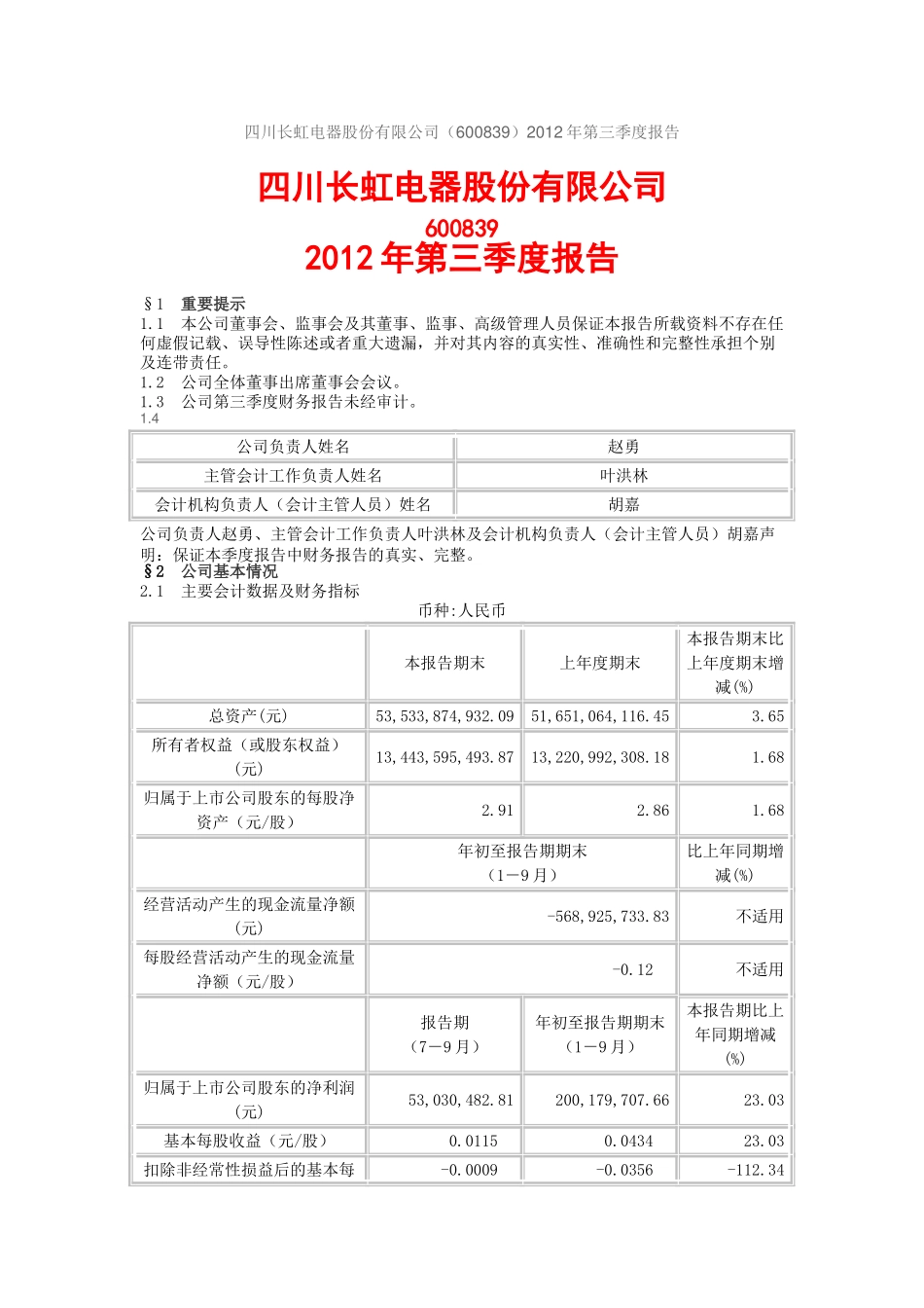 四川长虹电器股份有限公司_第1页