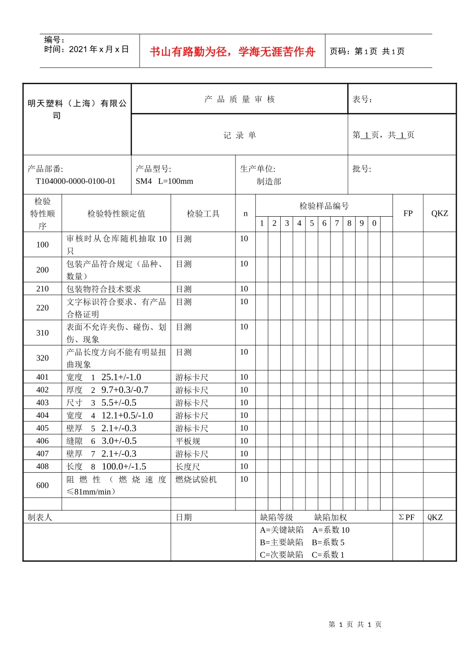 产品质量审核记录单(SM4)_第1页