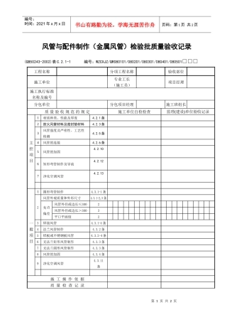 风管与配件制作（金属风管）检验批质量验收记录
