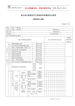 室外给水管道安装工程检验批质量验收记录表