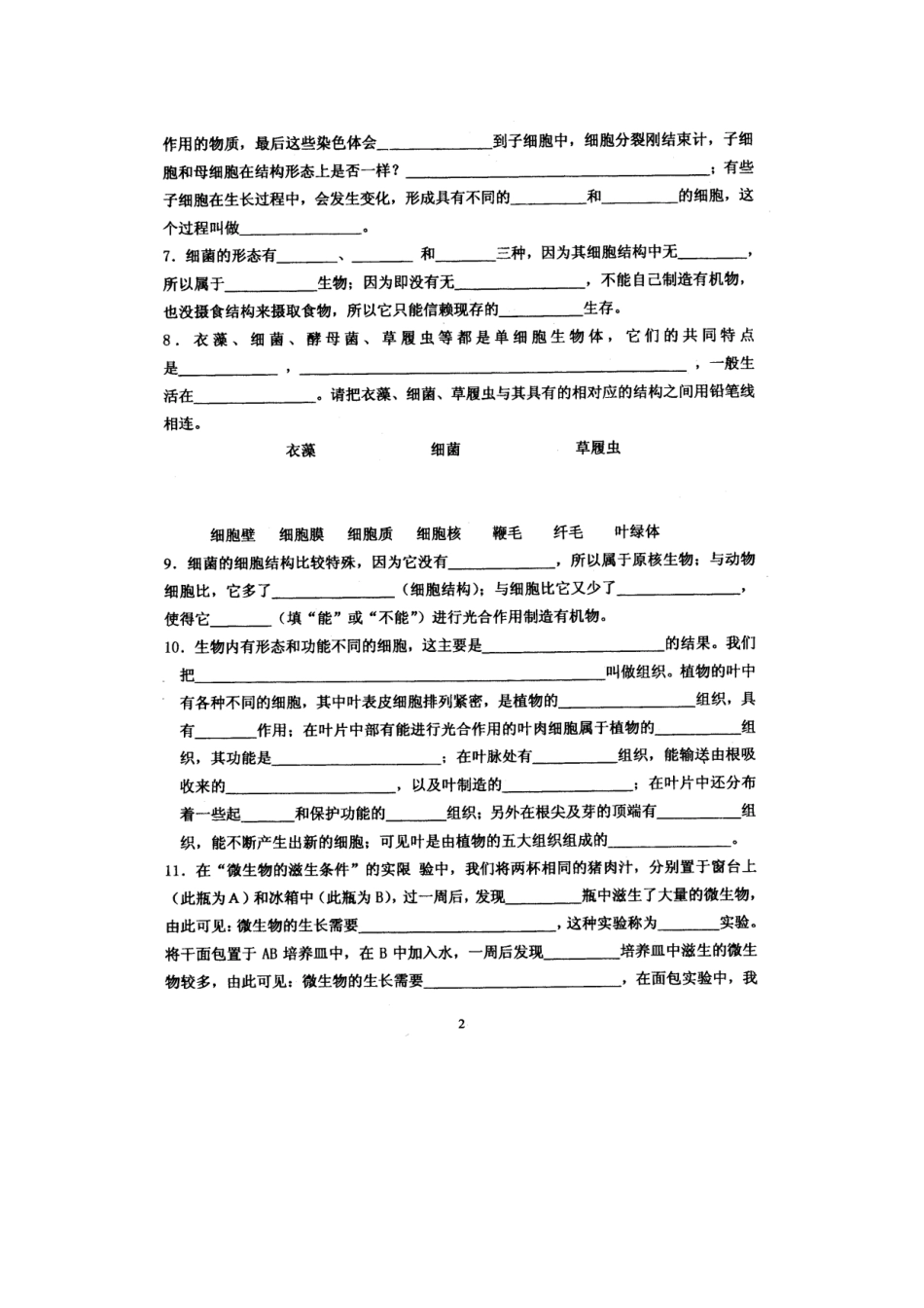 文澜中学浙教版七年级〈科学〉显微镜下的细胞与生物练习_第2页