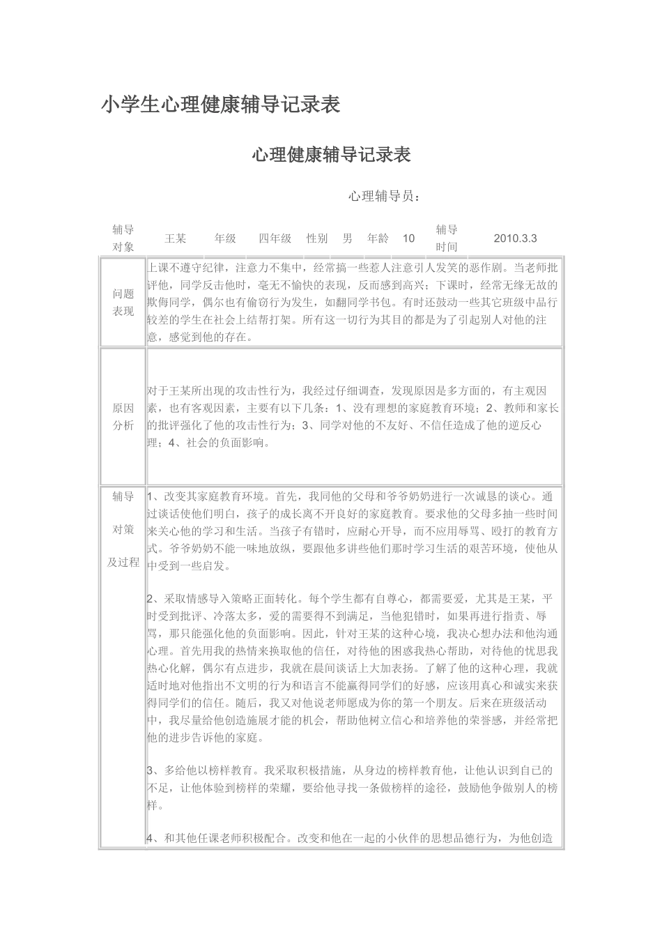 小学生心理健康辅导记录表_第1页