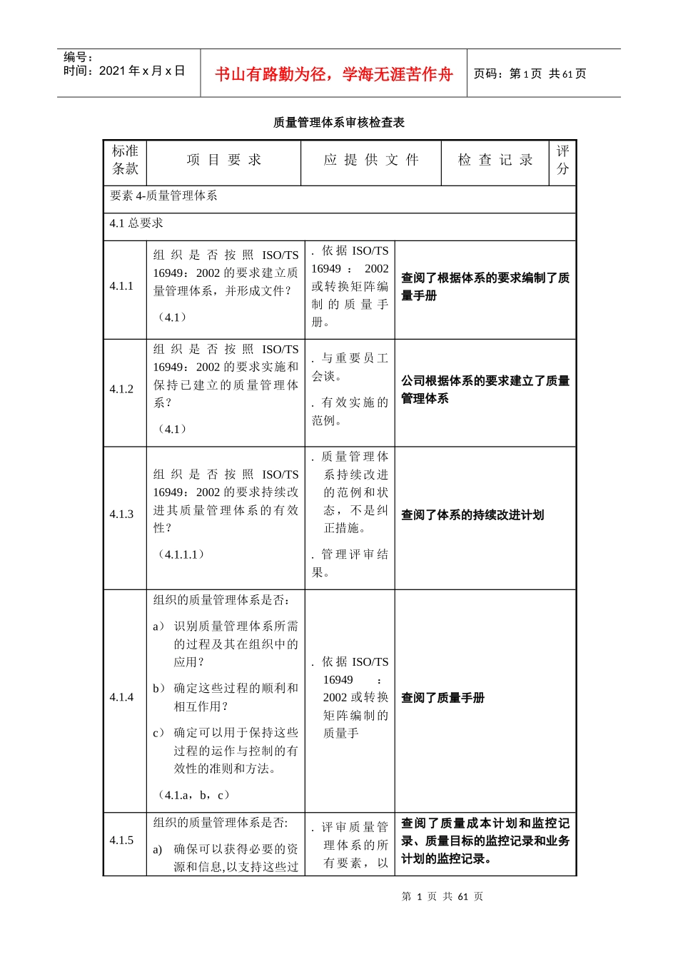 质量管理体系审核检查表(1)_第1页