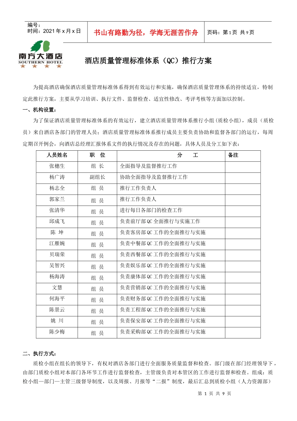 酒店质量管理标准体系(QC)推行方案_第1页
