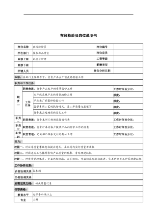 河北纪元光电公司技术部在线检验员岗位说明书