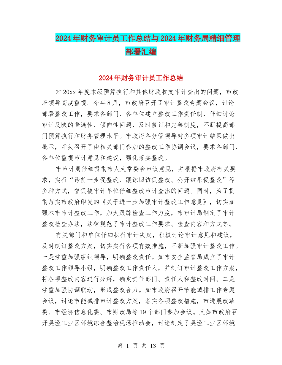2024年财务审计员工作总结与2024年财务局精细管理部署汇编_第1页