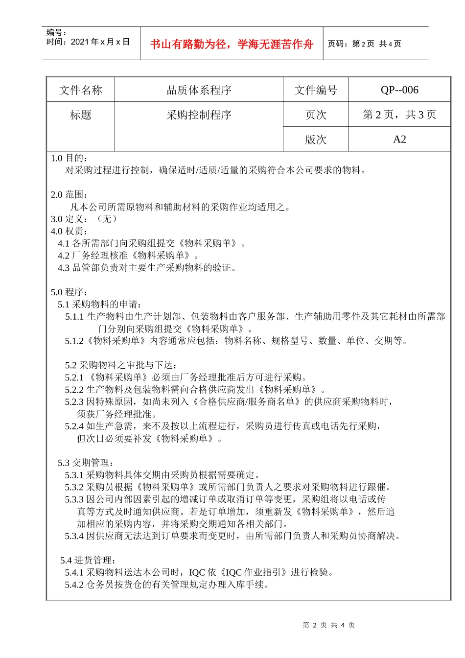 螺丝有限公司ISO90001范本--采购控制程序（doc）_第2页