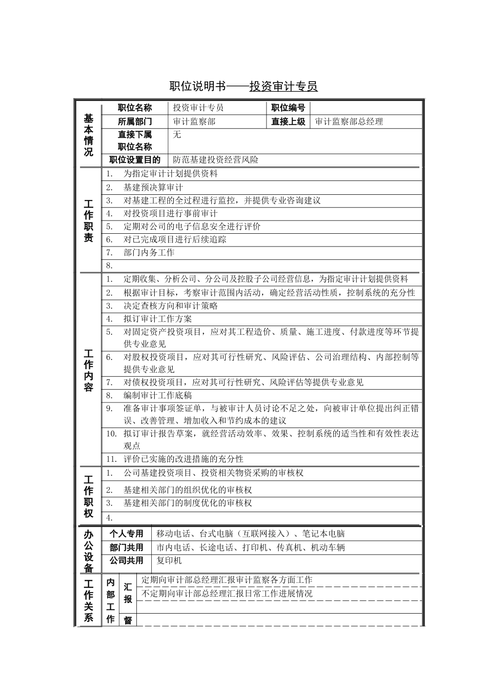 投资审计专员岗位说明书_第1页