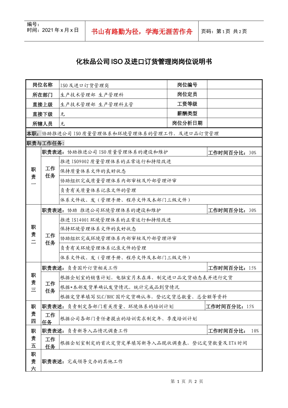 化妆品公司iso及进口订货管理岗岗位说明书_第1页