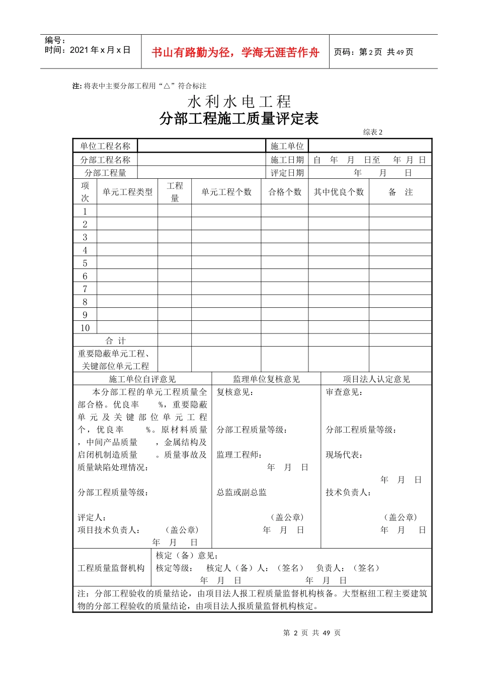 水利水电工程单位工程质量评定表_第2页