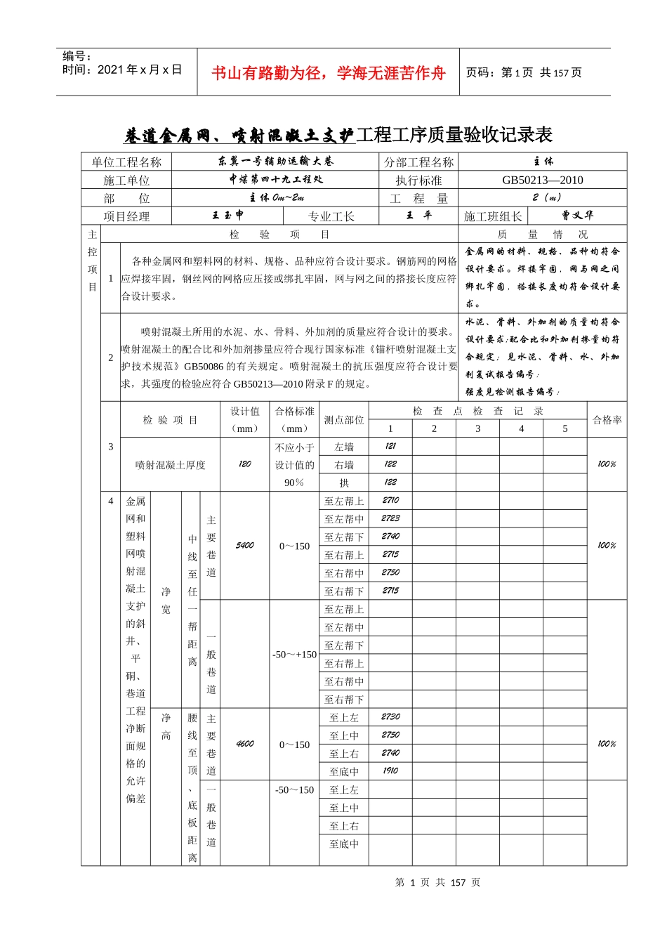 塑料网喷射混凝土支护工程工序质量验收记录表_第1页