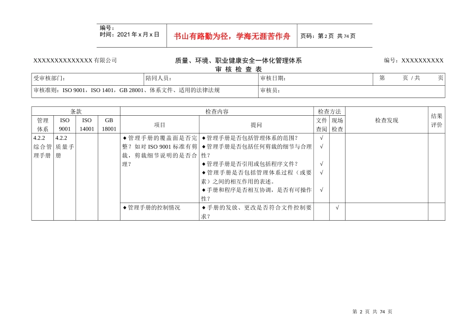 质量、环境和职业健康安全管理体系审核检查表_第2页
