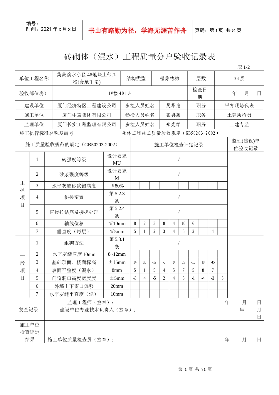 表1-2砖砌体(混水)工程质量分户验收记录表_第1页