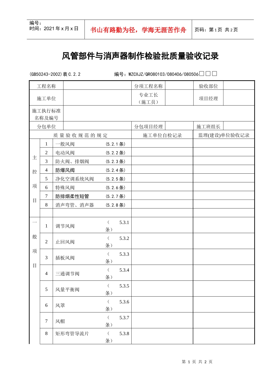 风管部件与消声器制作检验批质量验收记录_第1页