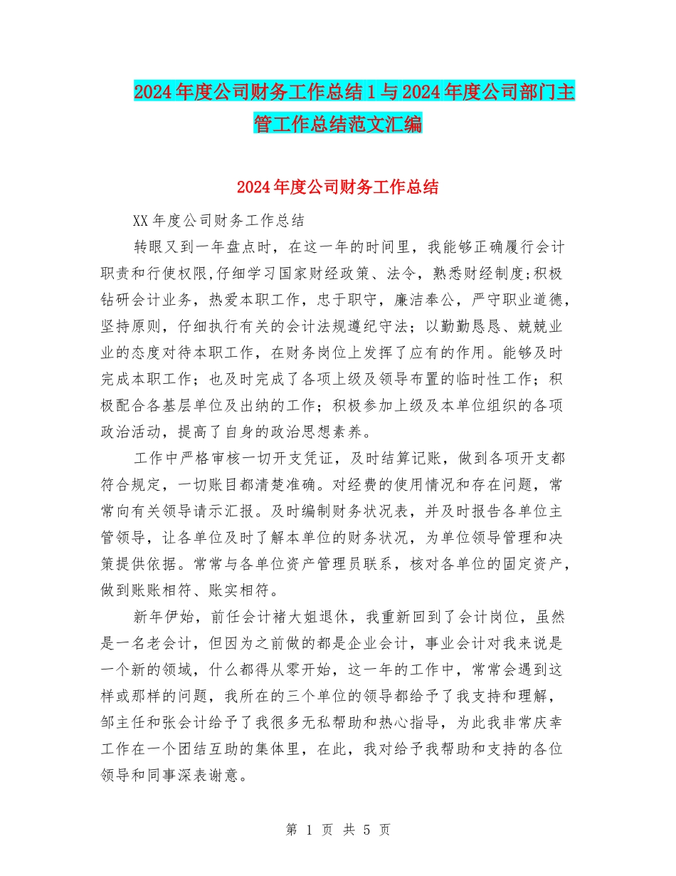 2024年度公司财务工作总结1与2024年度公司部门主管工作总结范文汇编_第1页