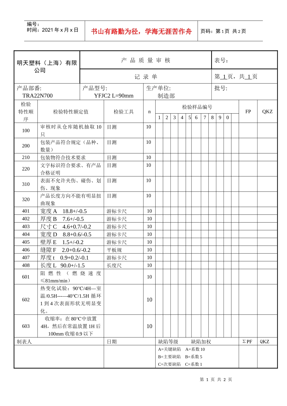 产品质量审核记录单(TRA22N700)_第1页