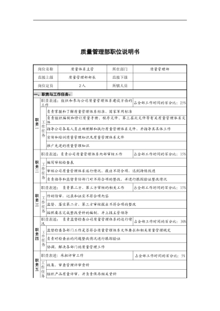 质量体系主管岗位说明书
