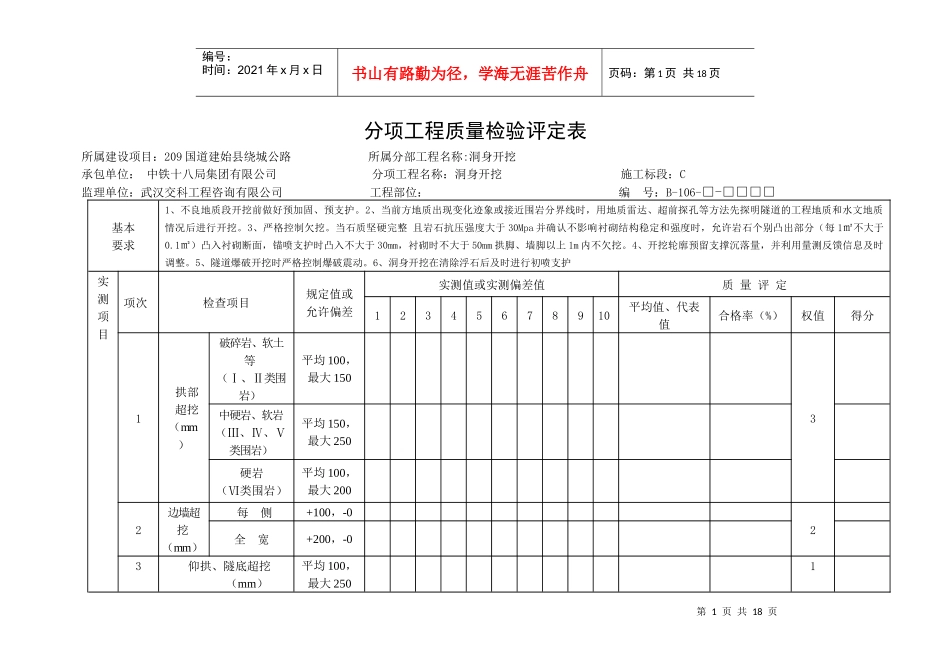 翻坝隧道分项工程质量评定表新_第1页