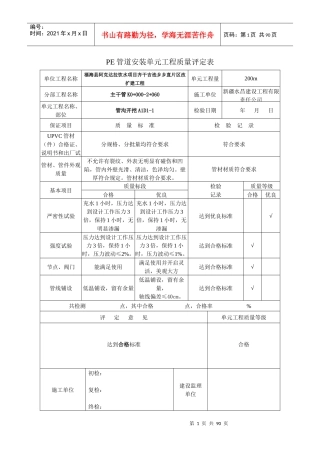 UPVC硬聚乙烯给水管道安装单元工程质量评定表