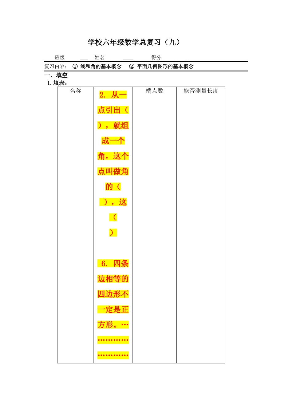 2024-2024年小学线和角的基本概念总复习试题_第1页