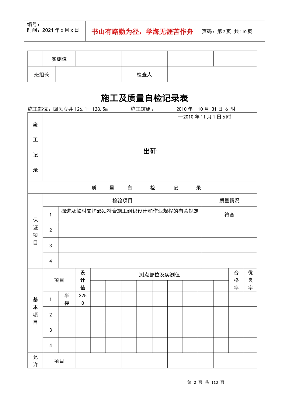11月份回风立井施工及质量自检记录表_第2页