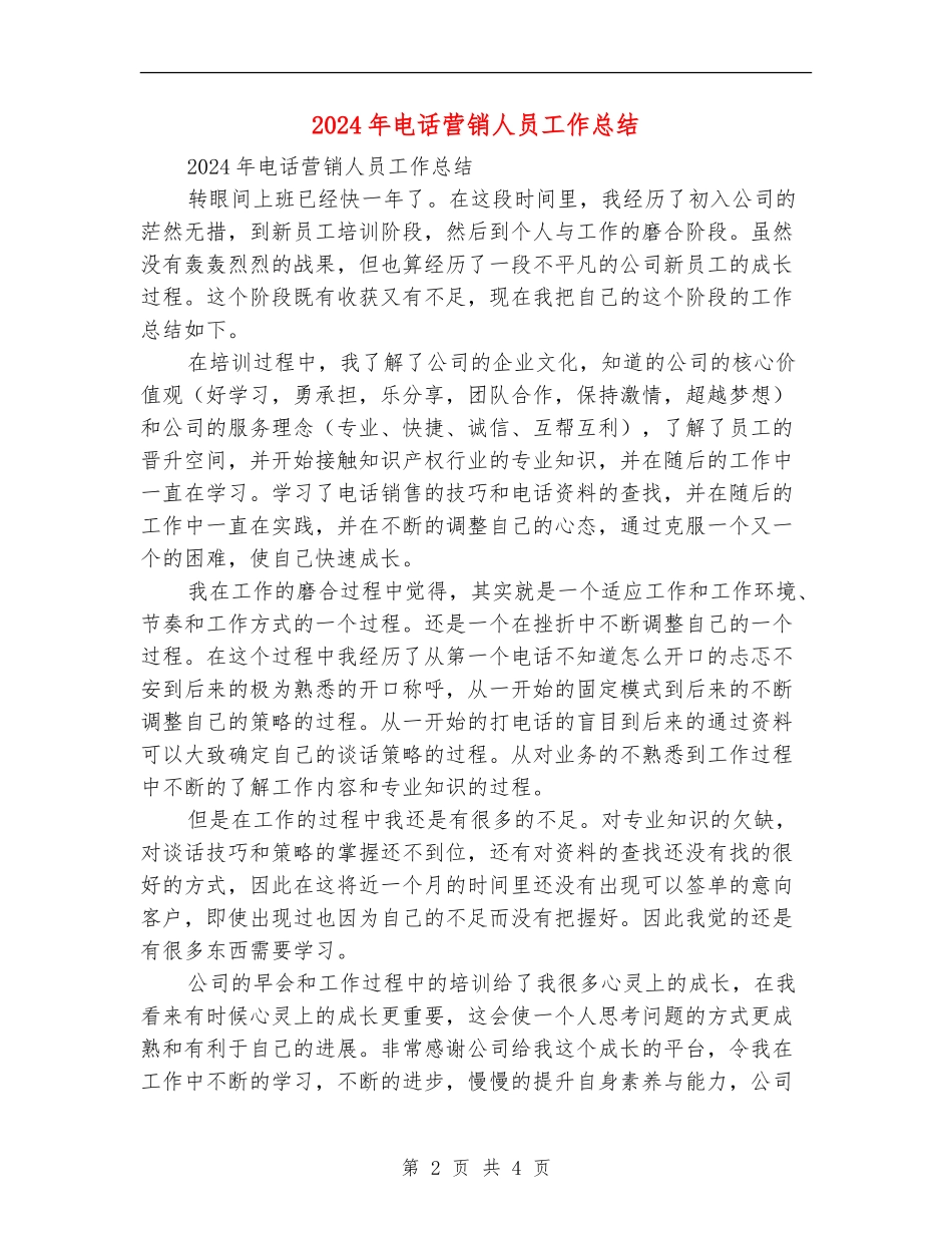 2024年电话营销人员工作总结_第2页