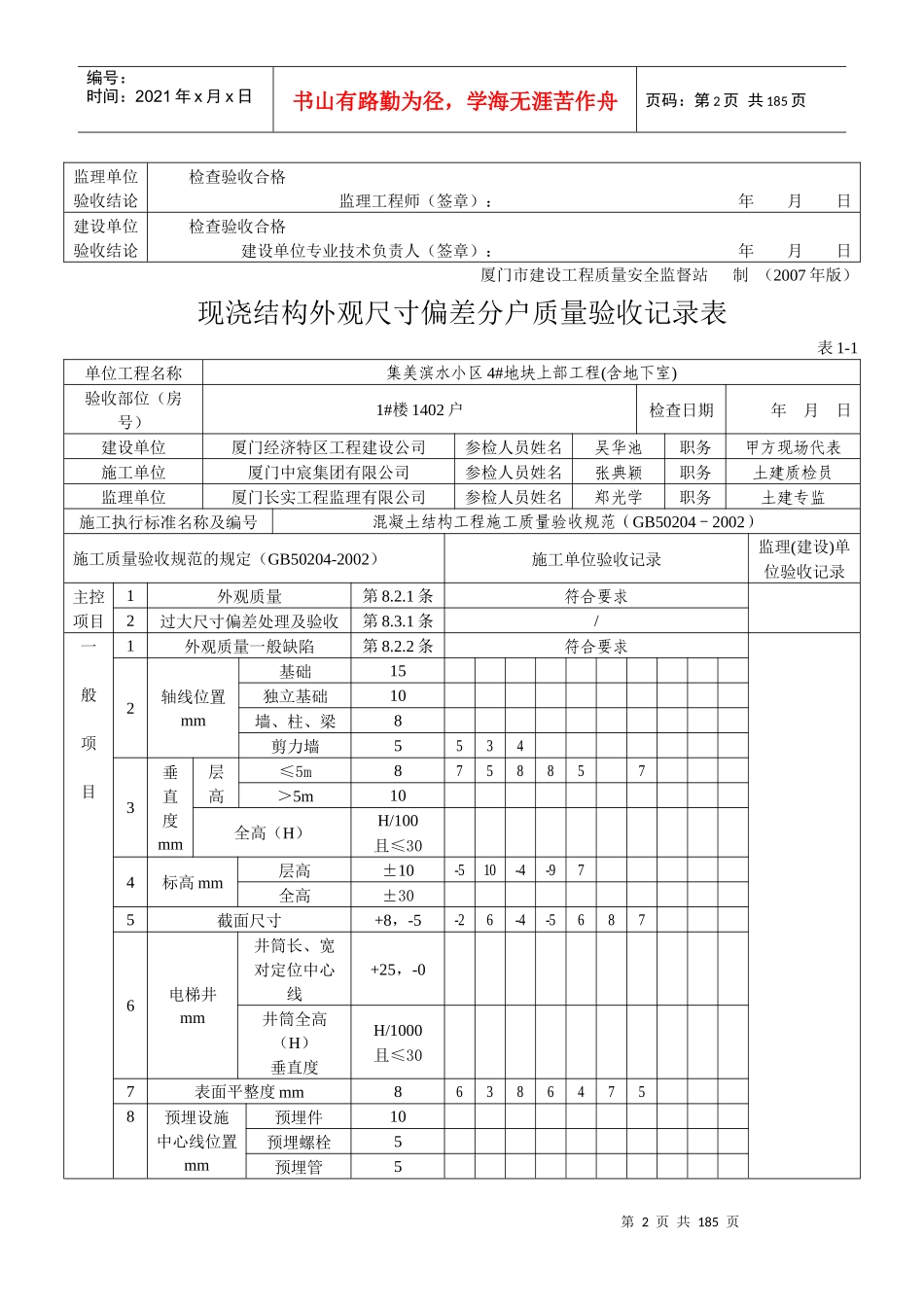 表1-1现浇结构外观尺寸偏差分户质量验收记录表14-33_第2页