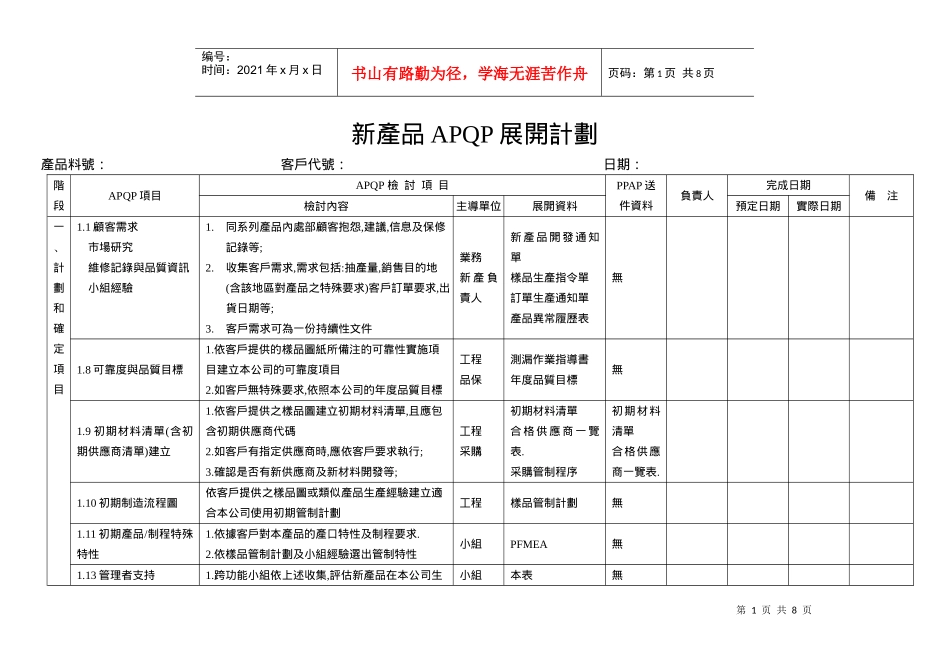 新产品APQP展开计划_第1页
