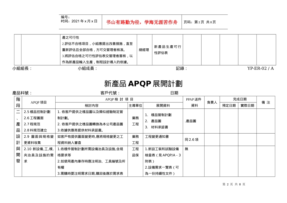 新产品APQP展开计划_第2页