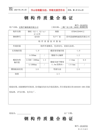 钢构件质量合格证主钢柱、钢梁(DOC32页)