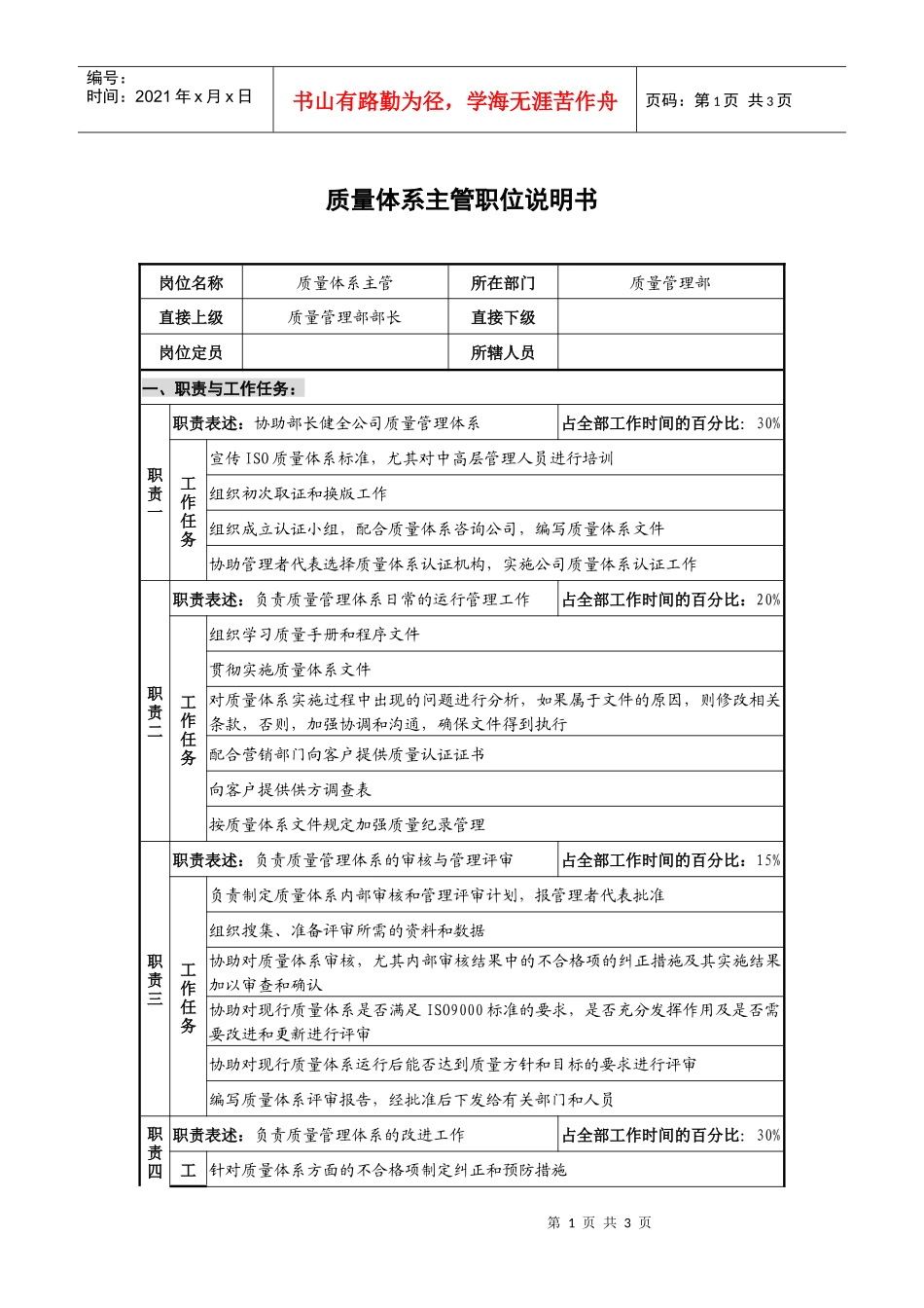 仪器生产企业质量体系主管职位说明书_第1页