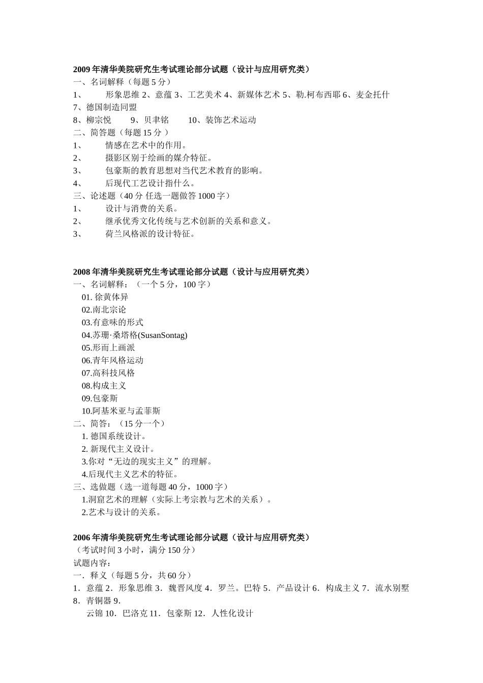 清华美院研究生考试部分试题(04-09)_第1页