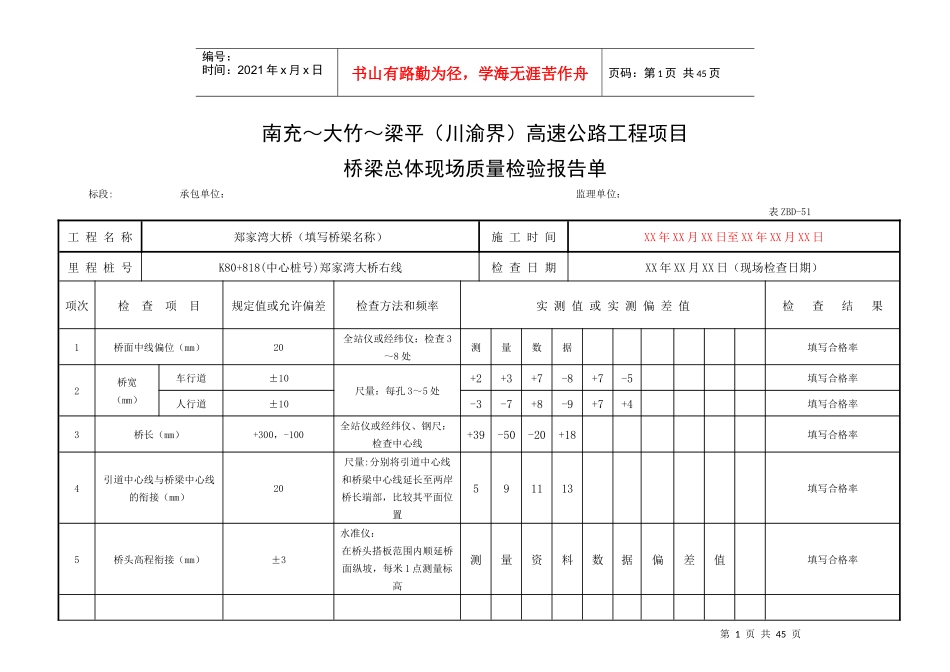 桥梁现场质量检验报告单用表_第1页