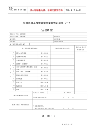 金属幕墙工程检验批质量验收记录表