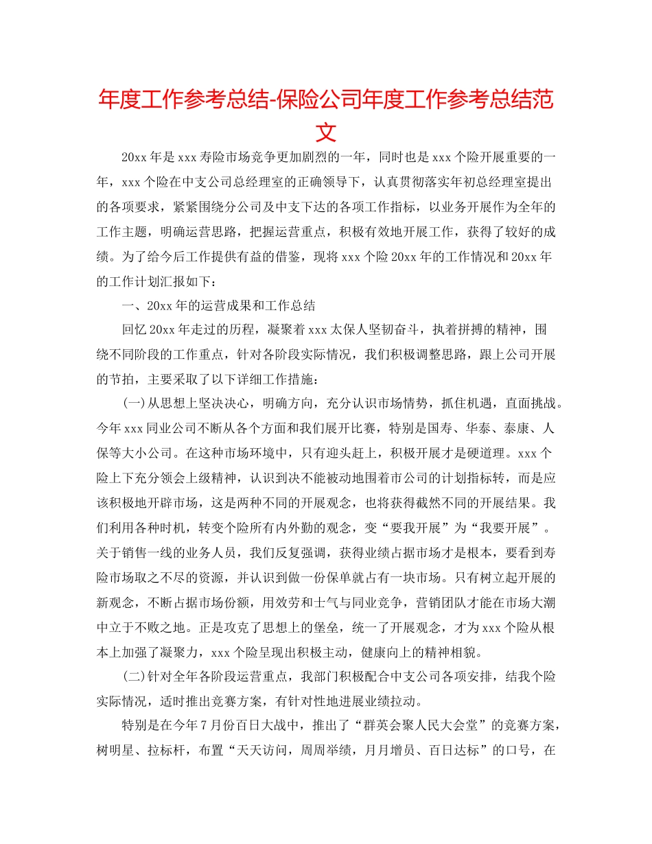 2021年度工作参考总结保险公司年度工作参考总结范文_第1页