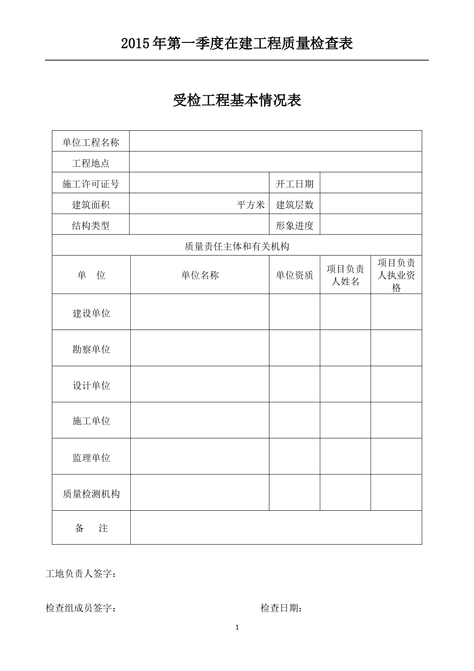 XXXX年第一季度在建工程质量检查表_第1页