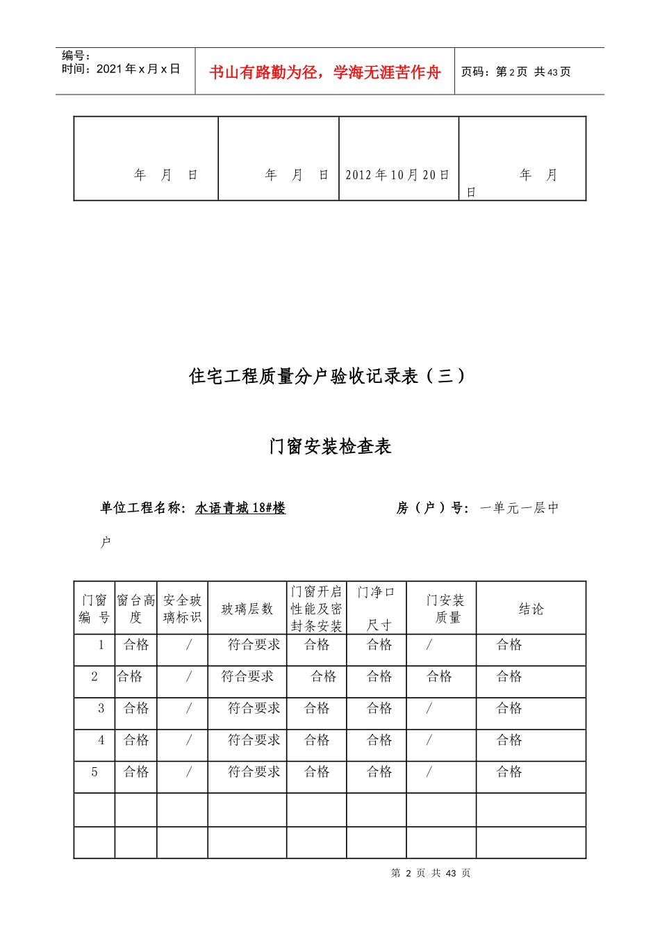 03住宅工程质量分户验收记录表(三)门窗安装检查表_第2页