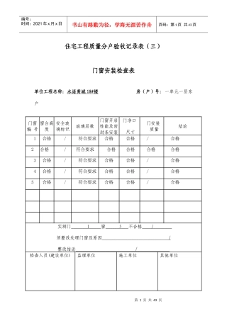 03住宅工程质量分户验收记录表(三)门窗安装检查表