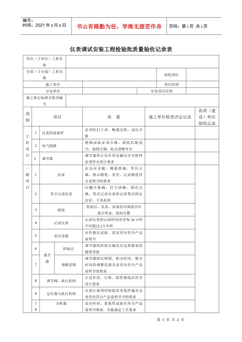 仪表调试安装工程检验批质量验收记录表_第1页